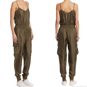 Cinq a Sept- Amia Olive Green Tank Satin Jumpsuit Cargo Pockets, Size XL